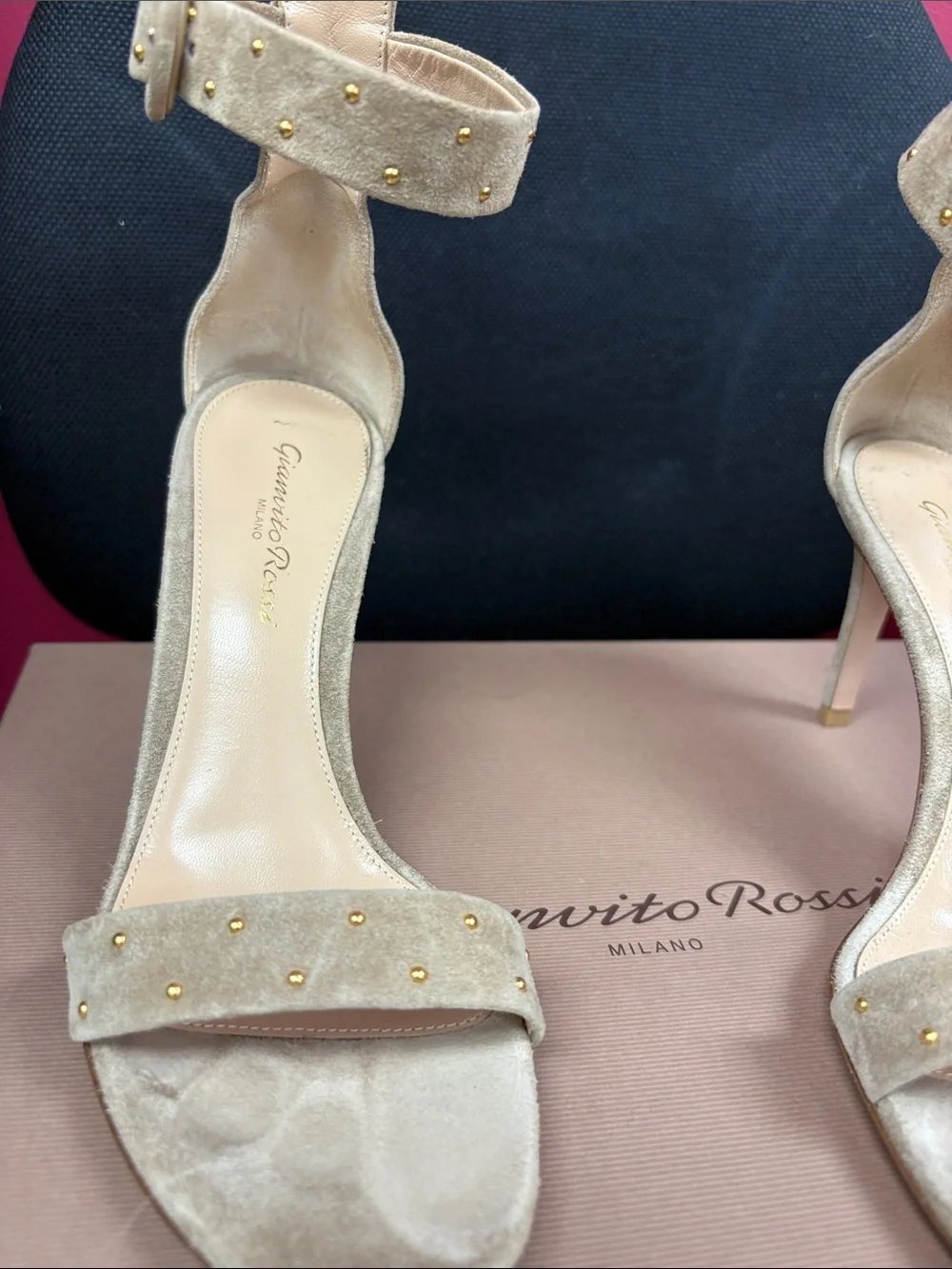 Gianvito Rossi Beige Suede Studded Ankle-Strap Heels